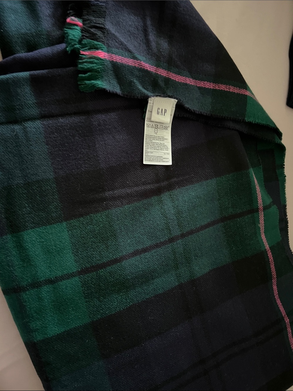 GAP Dark Green, Black, Navy Plaid with Pink Stripe Scarf/ Shawl